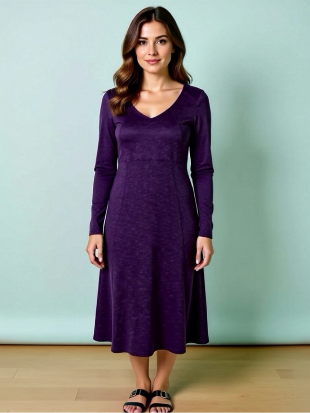 Horny Toad V-Neck Long Sleeve Midi Dress Purple Organic Cotton Stretch A-Line